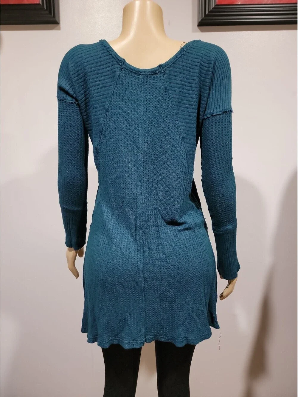 Free People Ventura Top Sz S Thermal Waffle Long Sleeve High Low Tunic Green #CC